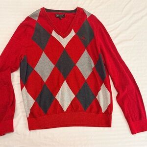 Express Red and Gray Diamond V-Neck Sweater